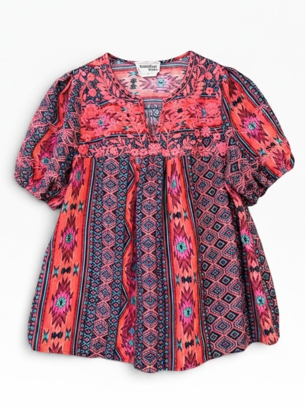 Savanna Jane Boho Chic Embroidered Puff Sleeve V-Neck Top Size Large
